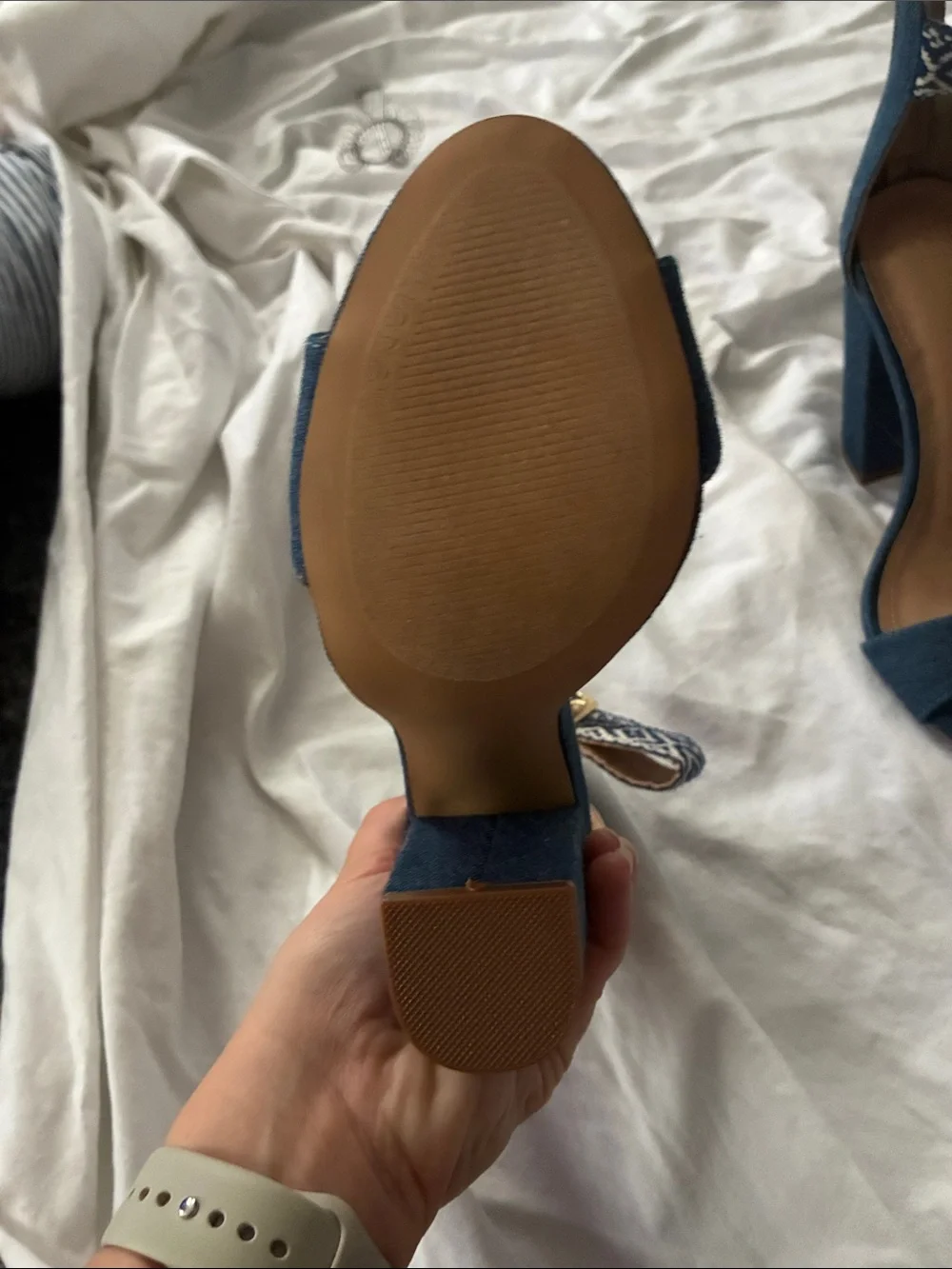 Liliana Blue Denim Block Heel Sandals with Patterned Ankle Strap